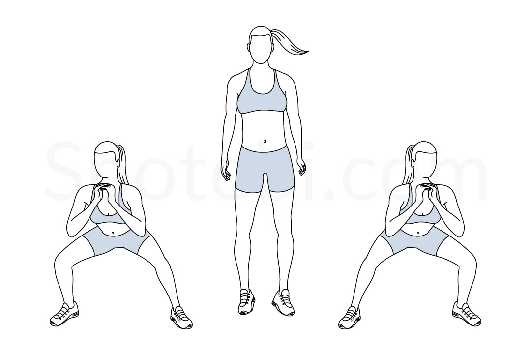 Side to side squats exercise guide with instructions, demonstration, calories burned and muscles worked. Aprenda a forma adequada, descubra todos os benefícios para a saúde e escolha um exercício.