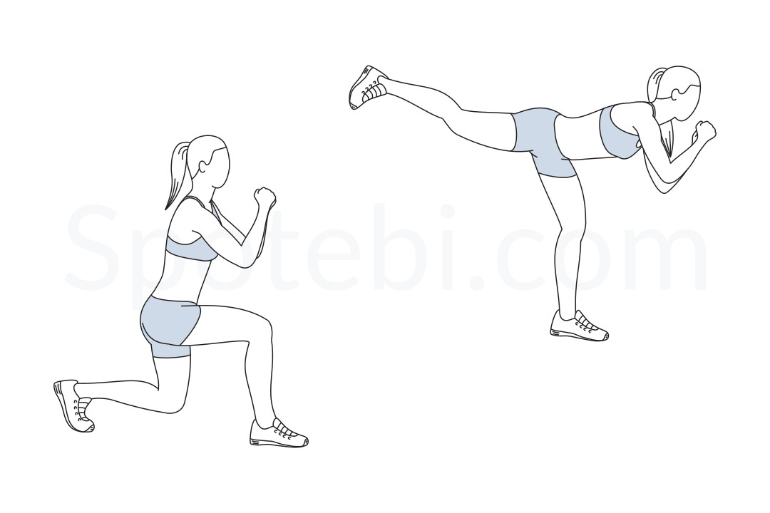 Guide d'exercices de Lunge back kick avec instructions, démonstration, calories brûlées et muscles travaillés. Apprenez la forme appropriée, découvrez tous les avantages pour la santé et choisissez une séance d'entraînement. 