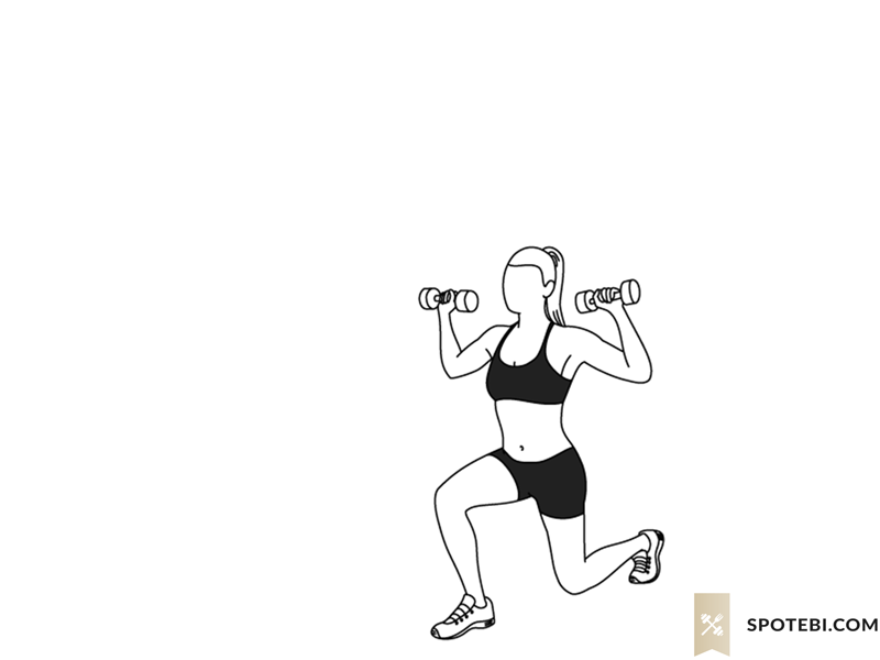 Reverse lunge shoulder press exercise guide with instructions, demonstration, calories burned and muscles worked. Learn proper form, discover all health benefits and choose a workout. https://www.spotebi.com/exercise-guide/reverse-lunge-shoulder-press/