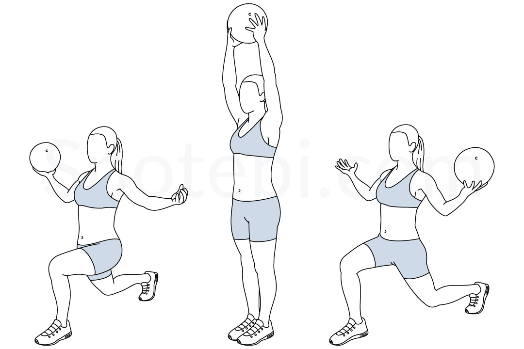 Reverse lunge medicine ball overhead press exercise guide with instructions, demonstration, calories burned and muscles worked. Learn proper form, discover all health benefits and choose a workout. https://www.spotebi.com/exercise-guide/reverse-lunge-medicine-ball-overhead-press/