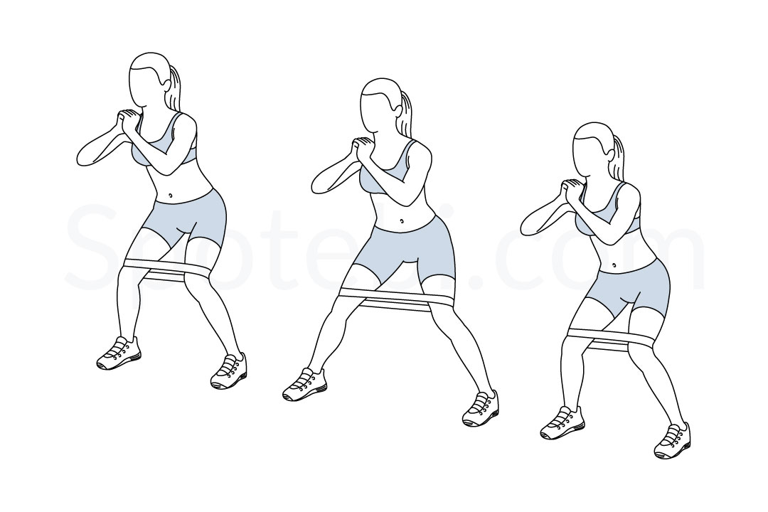 Lateral band walk exercise guide with instructions, demonstration, calories burned and muscles worked. Learn proper form, discover all health benefits and choose a workout. https://www.spotebi.com/exercise-guide/lateral-band-walk/