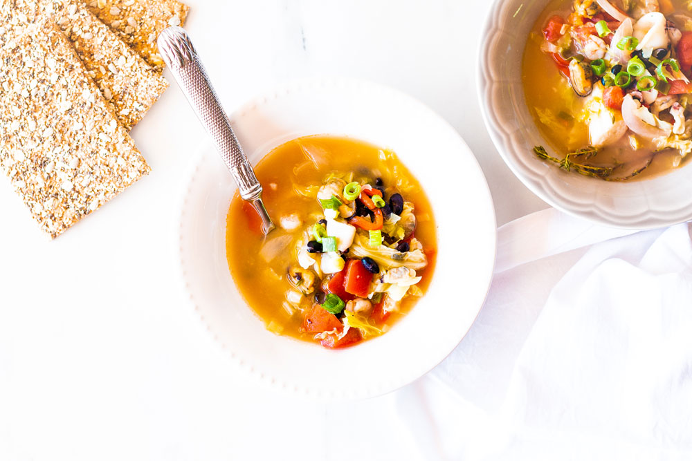 Cozy up this autumn with this rustic vegetable & seafood soup. A hearty and nourishing soup recipe that is quick to impress and incredibly easy to make! https://www.spotebi.com/recipes/rustic-vegetable-seafood-soup-recipe/